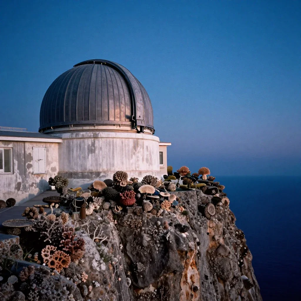 a cliffside observatory at blue hour, soft-grain analog film photography, weathered tactile surfaces, coral and midnight