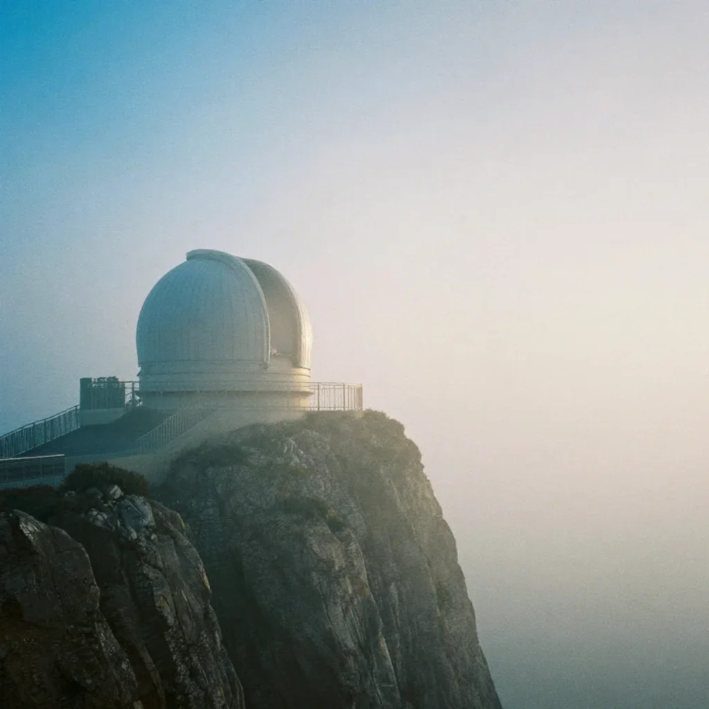 a cliffside observatory under soft dawn fog, soft-grain analog film photography, soft volumetric light, cobalt and amber
