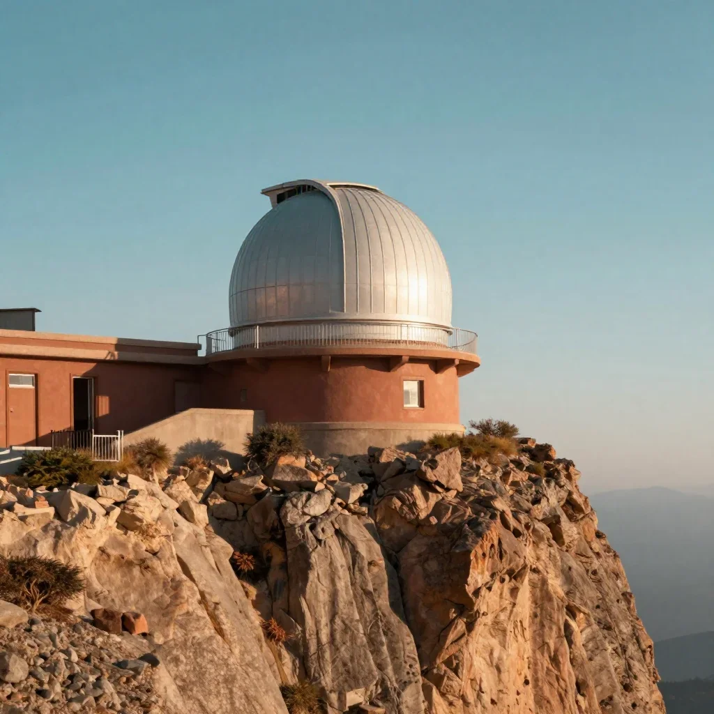 a cliffside observatory in crisp winter sunlight, cinematic architectural photography, atmospheric depth, terracotta and