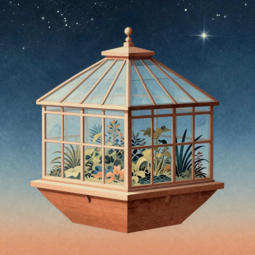 a floating botanical conservatory beneath a star-filled sky, Japanese woodblock-inspired editorial art, careful geometri
