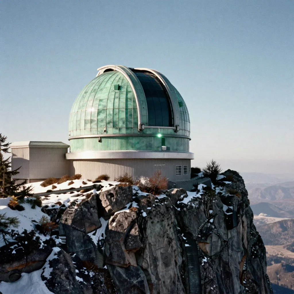 a cliffside observatory in crisp winter sunlight, quiet science-fiction concept art, subtle film grain, jade and charcoa