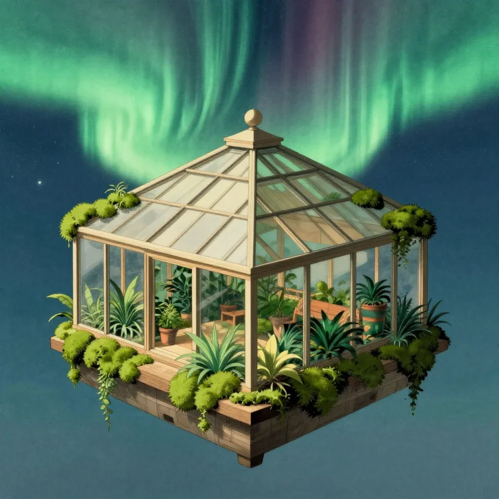 a floating botanical conservatory beneath an aurora, Japanese woodblock-inspired editorial art, careful geometric compos