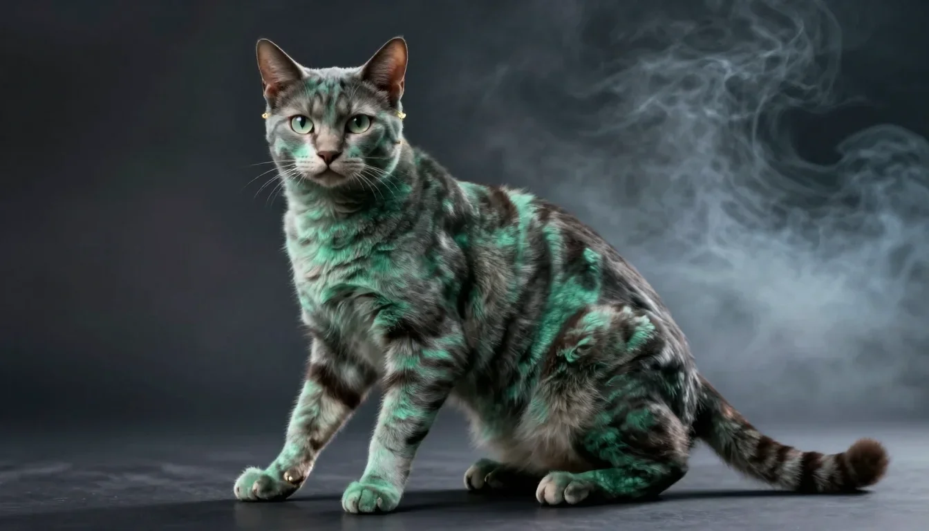 a feline-featured model with gold ear cuffs in a graceful contrapposto pose, in a smoke-lit photo studio, moody Fujifilm