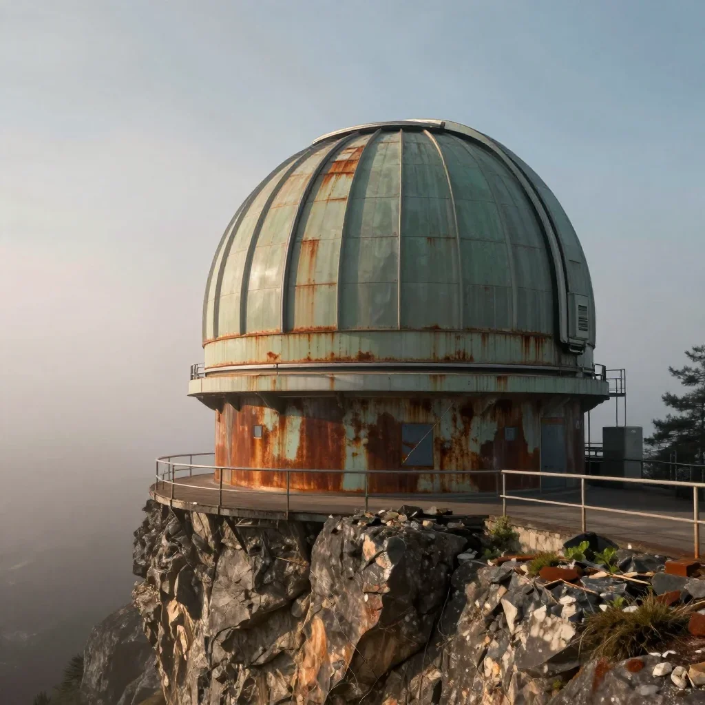 a cliffside observatory in early spring mist, cinematic architectural photography, careful geometric composition, rust a