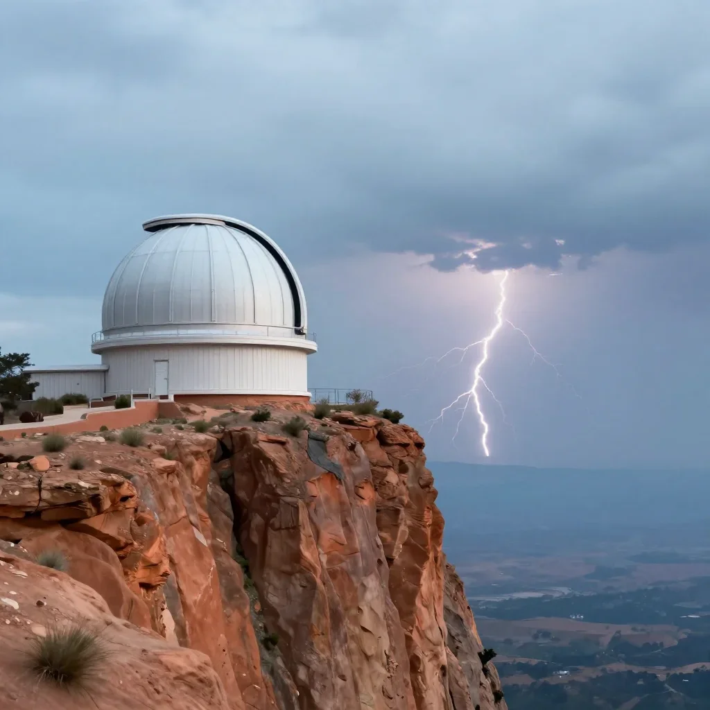 a cliffside observatory after a distant thunderstorm, quiet science-fiction concept art, clean natural textures, terraco