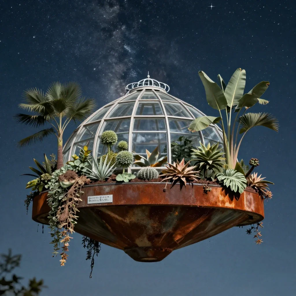 a floating botanical conservatory beneath a star-filled sky, macro natural-history photography, atmospheric depth, rust 