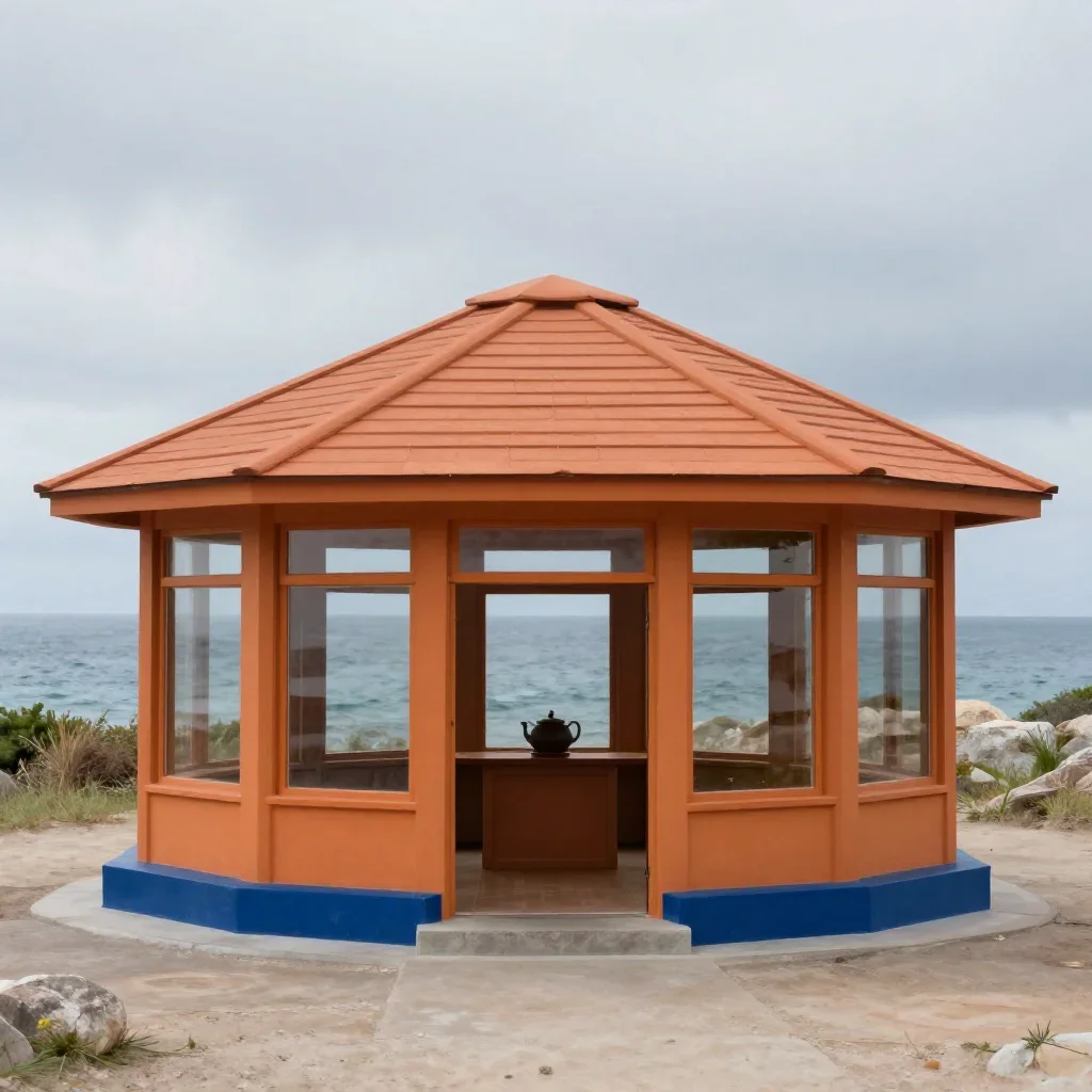 a forest tea house under overcast coastal light, museum-quality still-life photography, careful geometric composition, o