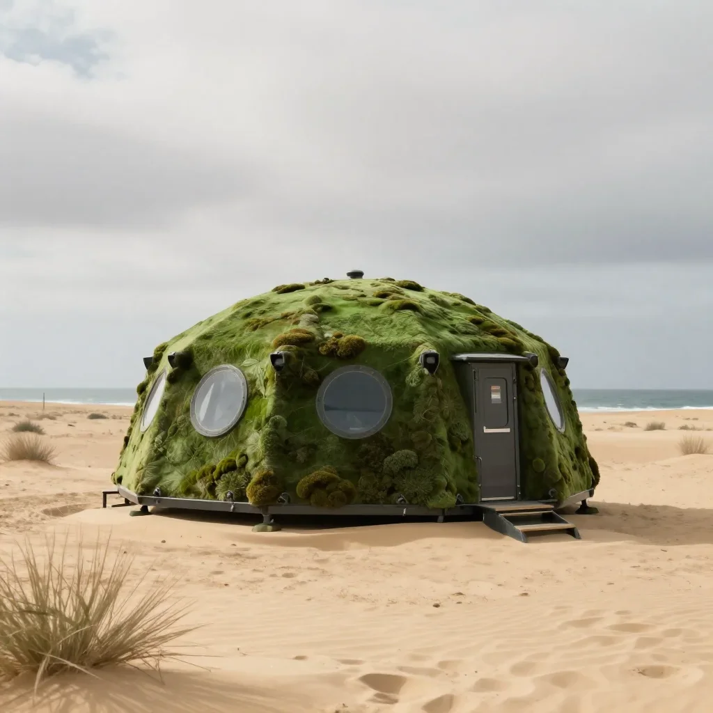 a desert research station under overcast coastal light, high-end design magazine photography, soft volumetric light, mos