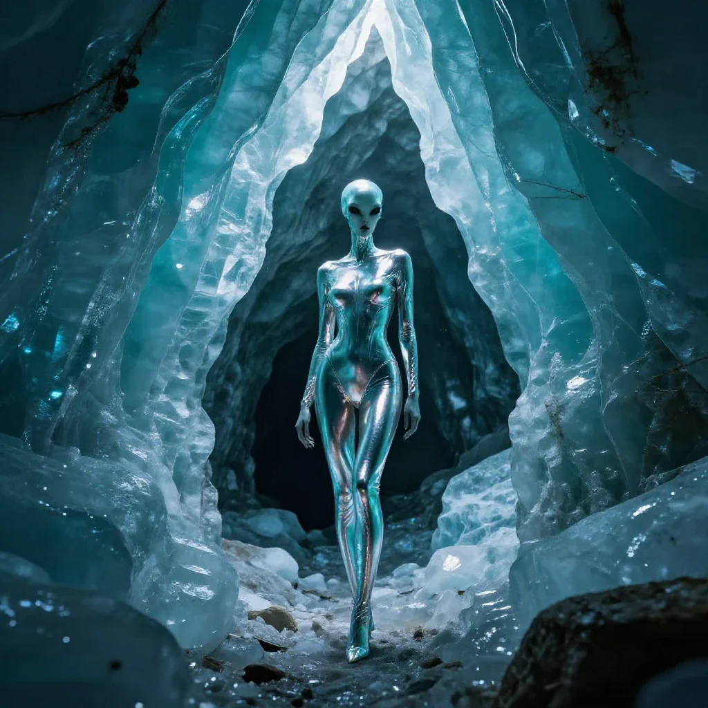 Glacier cave fashion editorial, crystalline teal walls, reflective bodysuit, alien elegance