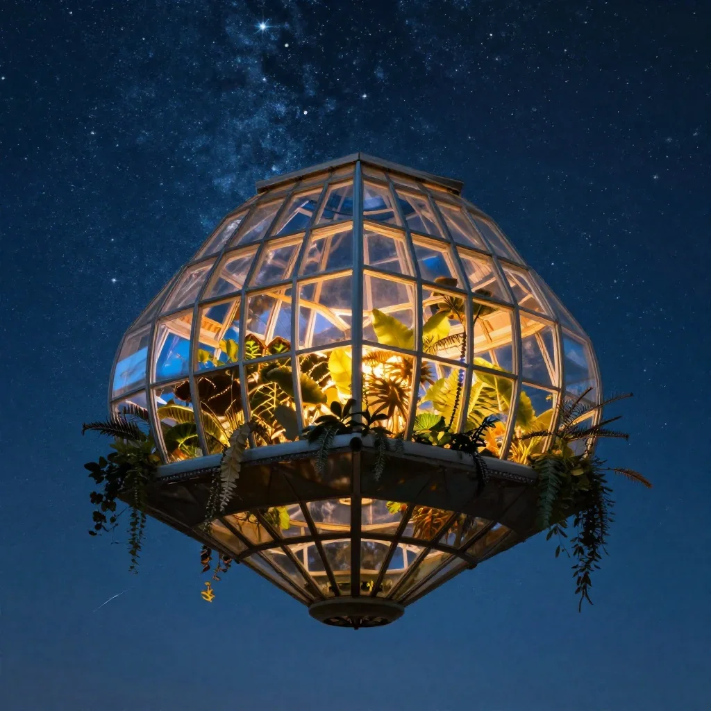 a floating botanical conservatory beneath a star-filled sky, cinematic architectural photography, careful geometric comp