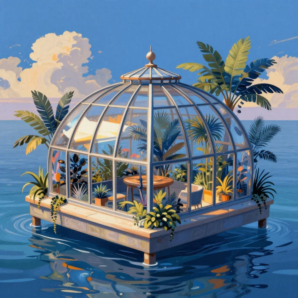 a floating botanical conservatory in a gentle sea breeze, contemporary botanical illustration, soft volumetric light, co