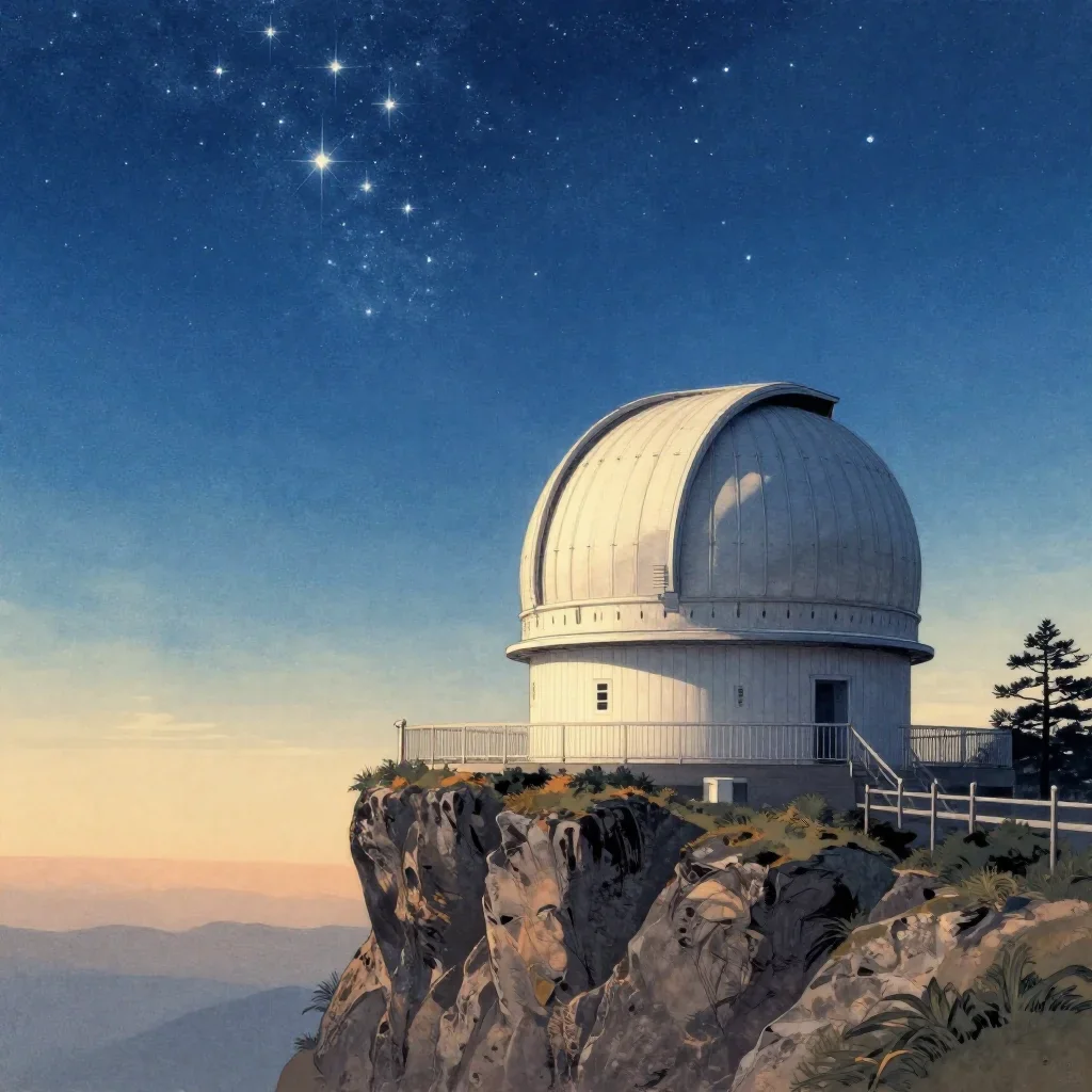 a cliffside observatory beneath a star-filled sky, Japanese woodblock-inspired editorial art, soft volumetric light, cob
