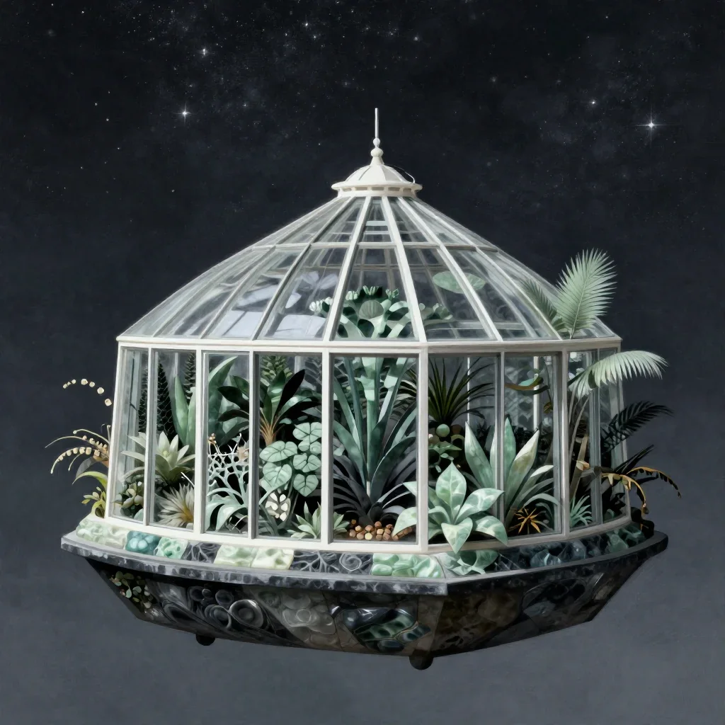 a floating botanical conservatory beneath a star-filled sky, contemporary botanical illustration, clean natural textures