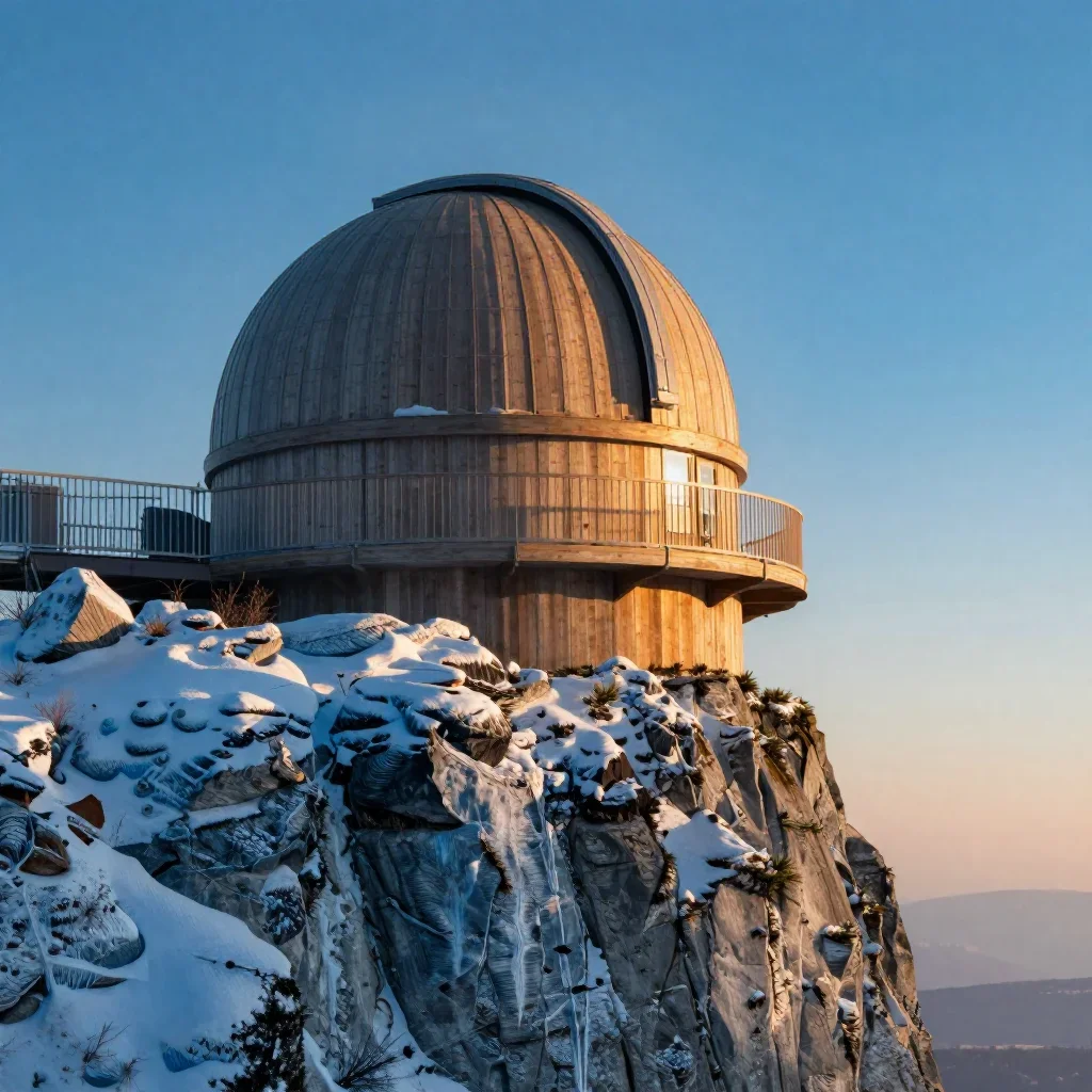 a cliffside observatory in crisp winter sunlight, cinematic architectural photography, careful geometric composition, ic