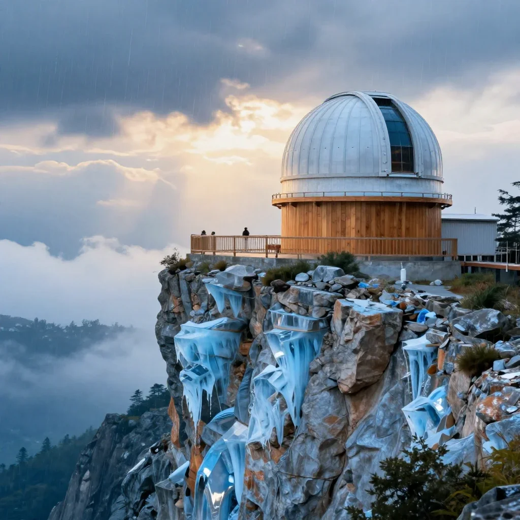 a cliffside observatory after warm summer rain, dreamlike fine-art landscape photography, crisp material detail, ice blu