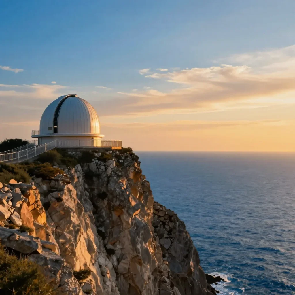 a cliffside observatory in a gentle sea breeze, dreamlike fine-art landscape photography, calm negative space, cobalt an