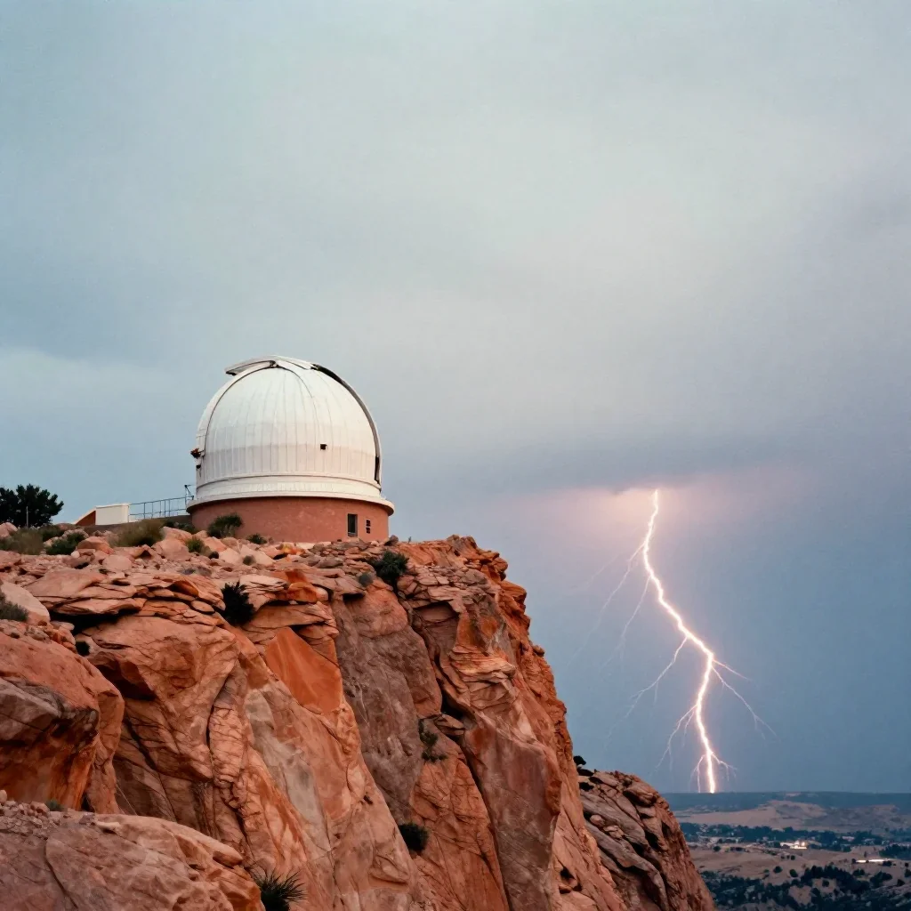 a cliffside observatory after a distant thunderstorm, dreamlike fine-art landscape photography, subtle film grain, terra
