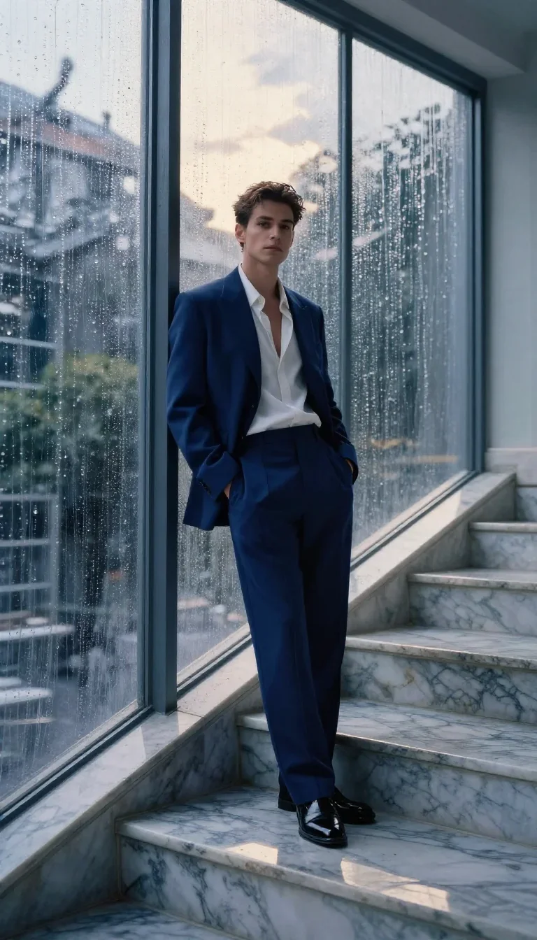a lover leaning against rain-streaked glass standing tall with hands in pockets, on a marble staircase at dawn, Vogue-st