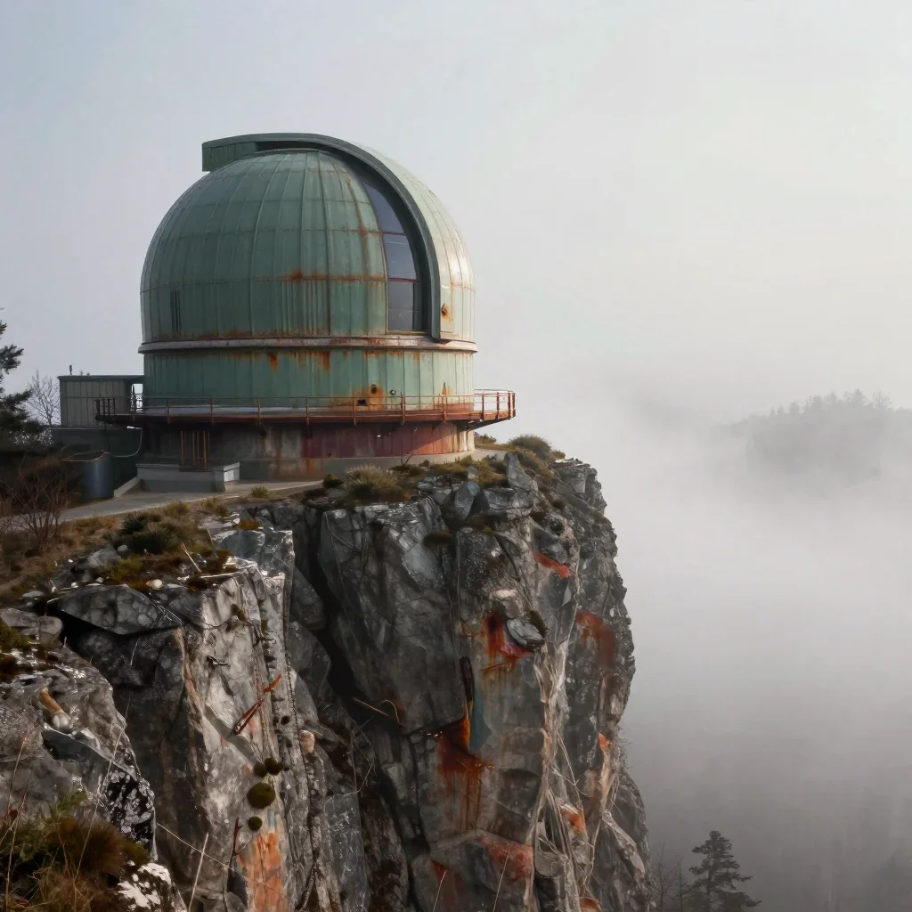 a cliffside observatory in early spring mist, quiet science-fiction concept art, crisp material detail, rust and sage pa