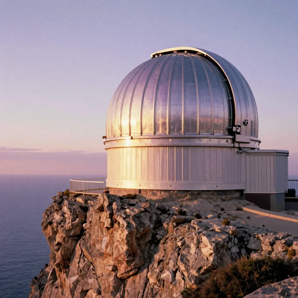 a cliffside observatory during golden hour, soft-grain analog film photography, crisp material detail, lavender and silv