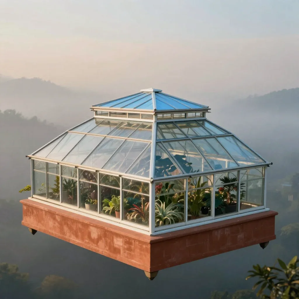 a floating botanical conservatory in quiet late-afternoon haze, high-end design magazine photography, careful geometric