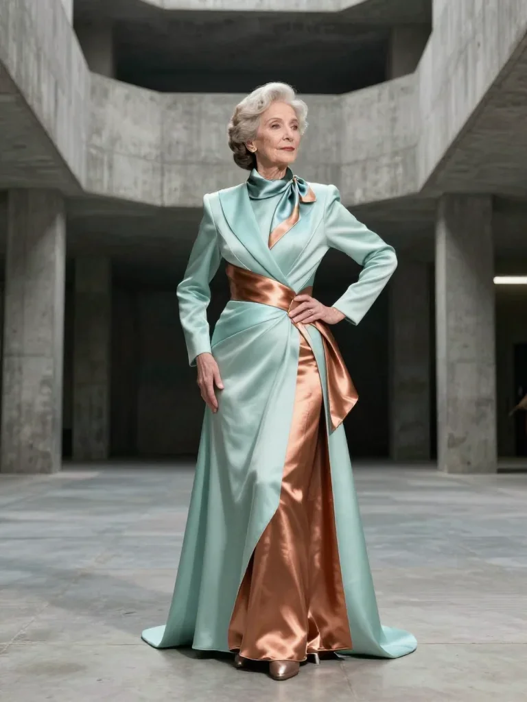 an elegant older stateswoman in a silk scarf in a graceful contrapposto pose, in a brutalist concrete atrium, futuristic