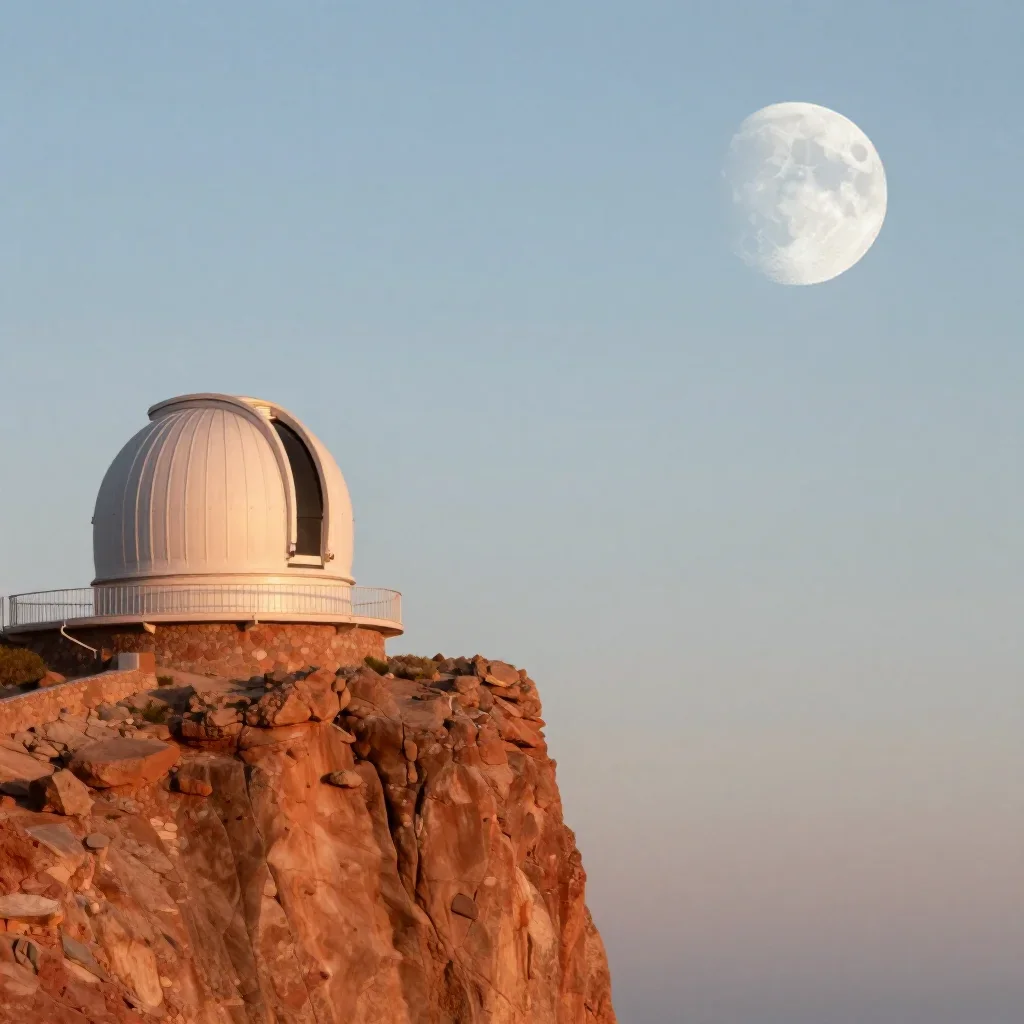 a cliffside observatory at moonrise, high-end design magazine photography, calm negative space, terracotta and pale sky 