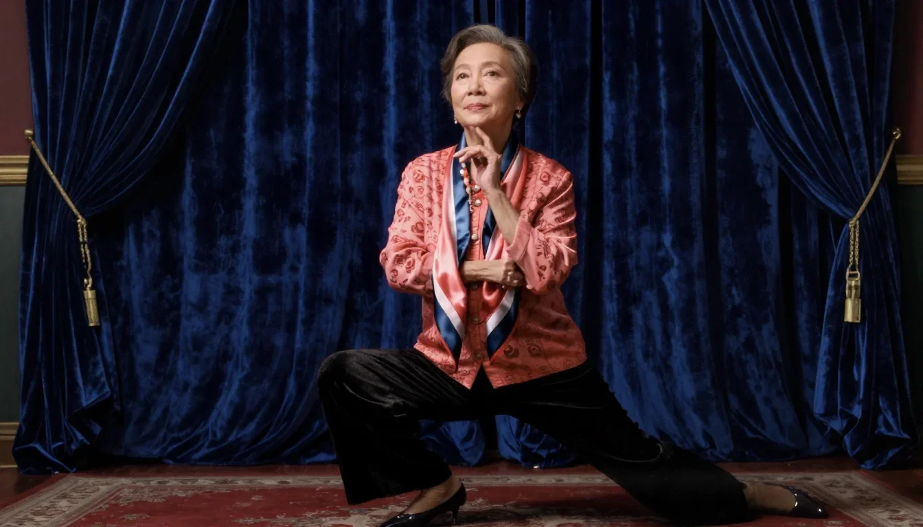 an elegant older stateswoman in a silk scarf in a low lunge with a lifted chin, in a velvet-curtained boudoir, Wong Kar-