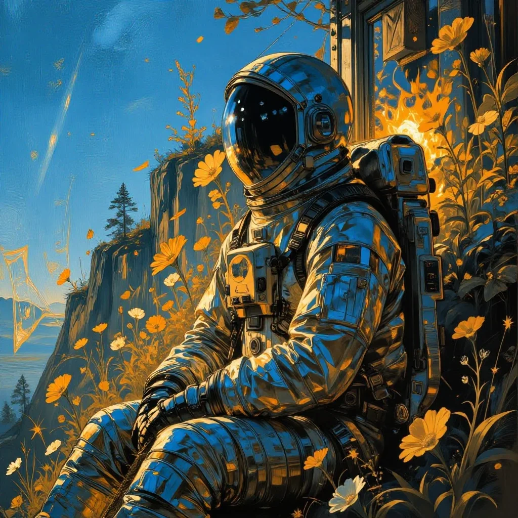 an astronaut in a reflective bodysuit among wildflowers in a seated silhouette against a window, on a sun-drenched cliff
