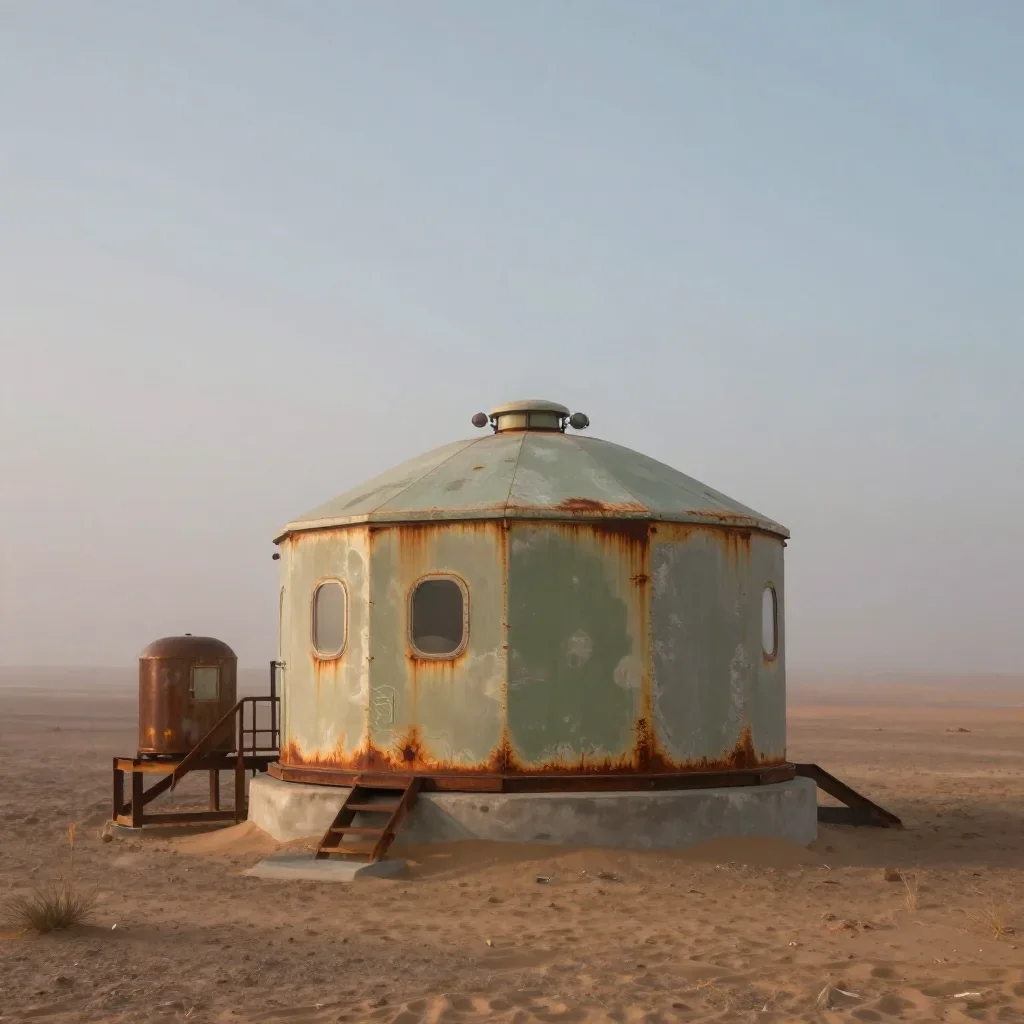 a desert research station under soft dawn fog, refined editorial travel photography, weathered tactile surfaces, rust an