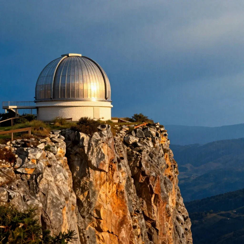 a cliffside observatory after warm summer rain, dreamlike fine-art landscape photography, restrained color harmony, coba