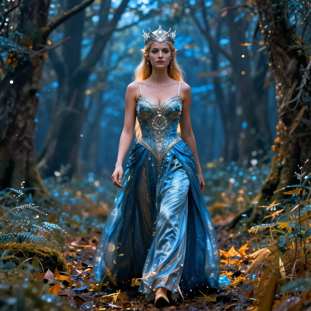 an elven queen in a moonlit silver crown in a confident cinematic stride, in a dewy forest clearing, editorial glamour p