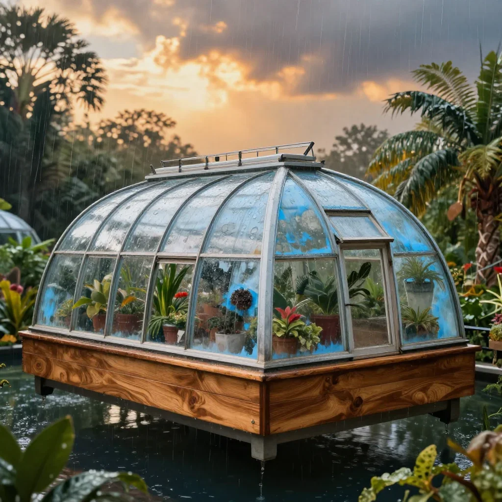 a floating botanical conservatory after warm summer rain, dreamlike fine-art landscape photography, weathered tactile su
