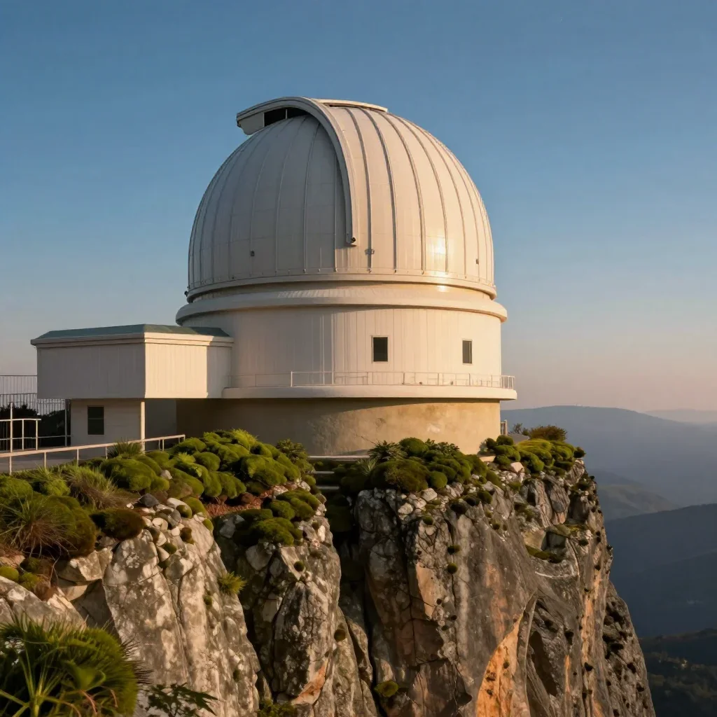 a cliffside observatory at blue hour, cinematic architectural photography, clean natural textures, moss green and cream 