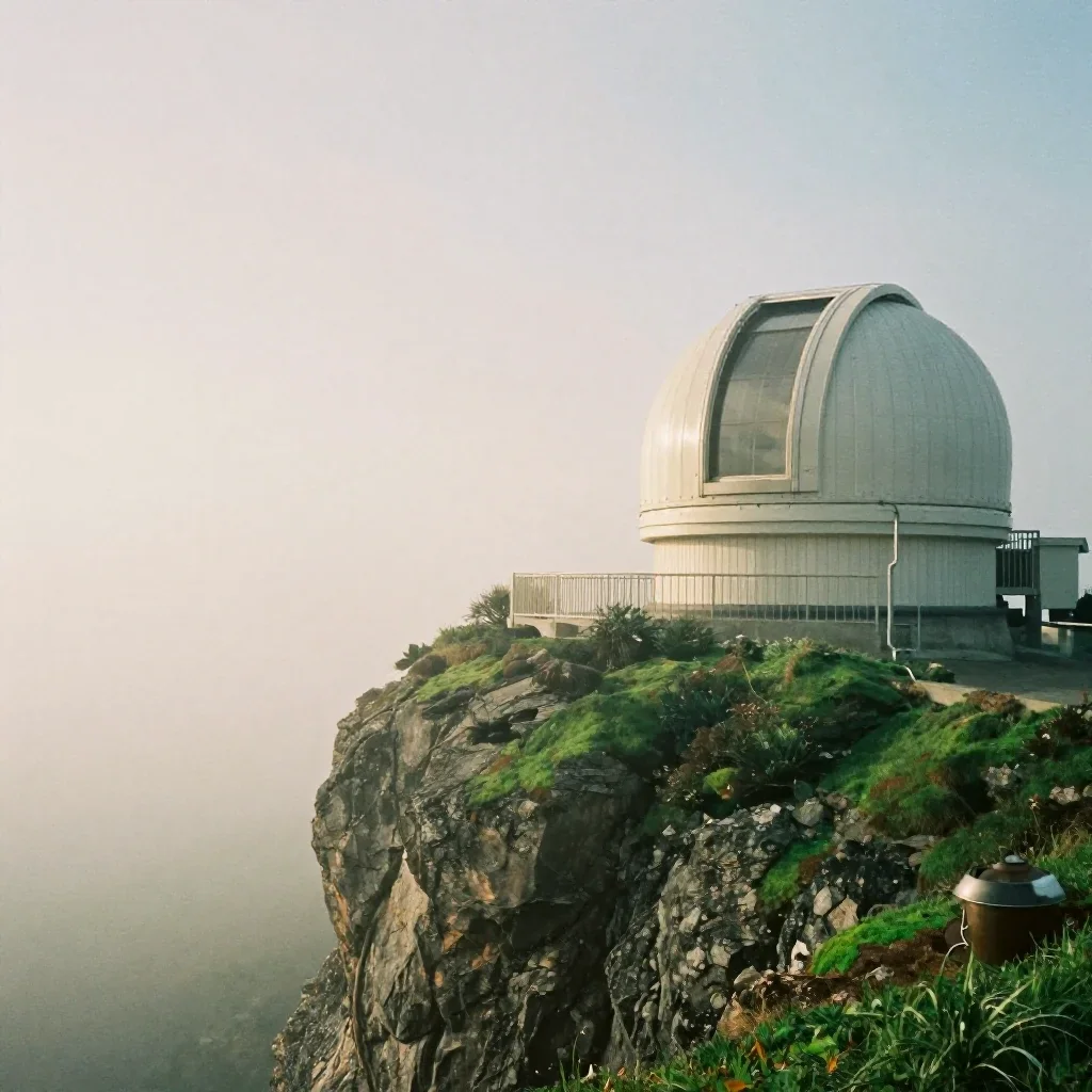 a cliffside observatory under soft dawn fog, soft-grain analog film photography, gentle reflected light, moss green and 