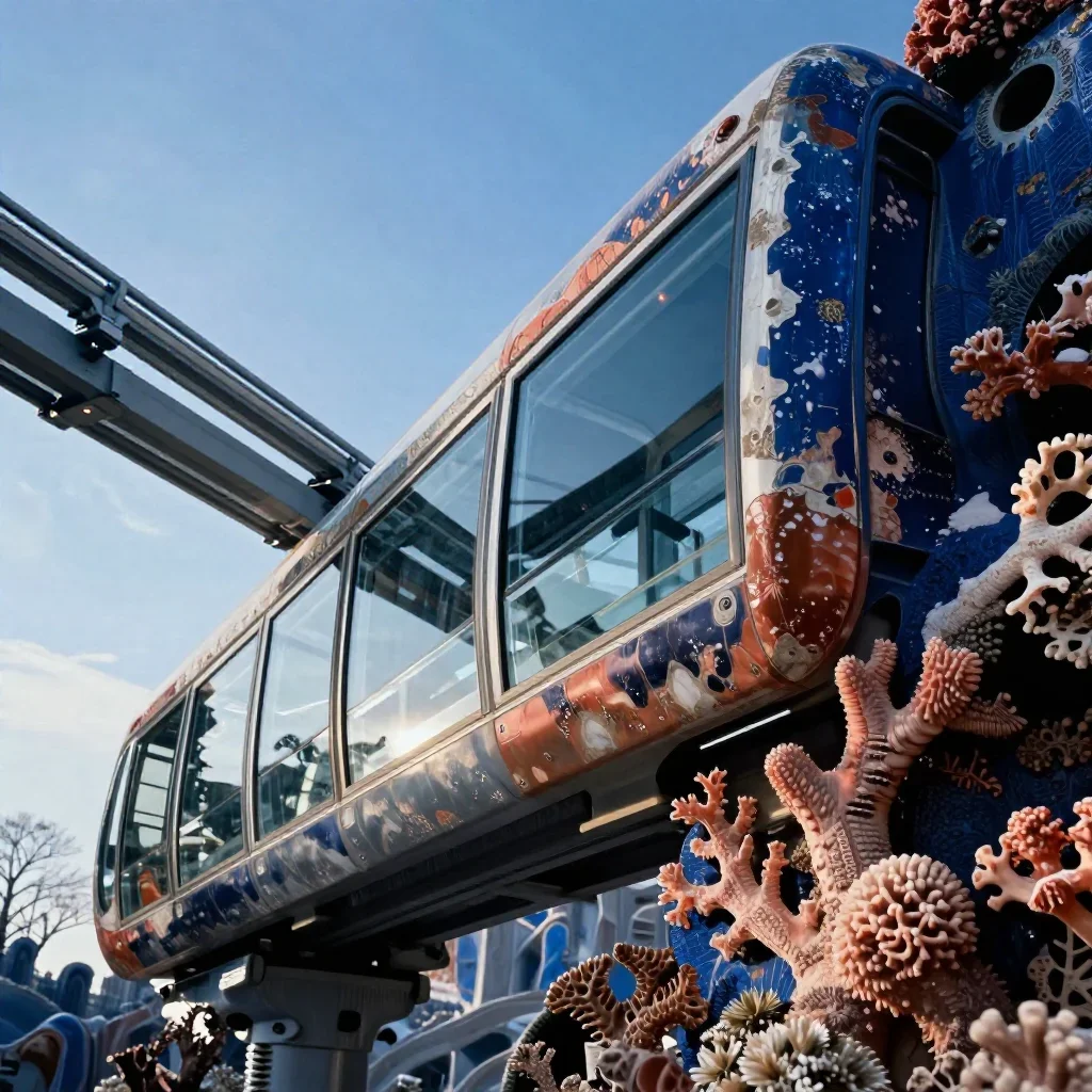 a glass monorail in crisp winter sunlight, cinematic architectural photography, weathered tactile surfaces, coral and mi
