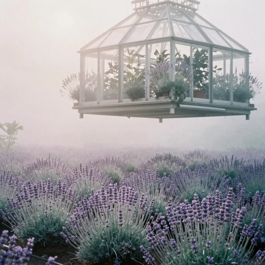 a floating botanical conservatory under soft dawn fog, soft-grain analog film photography, soft volumetric light, lavend