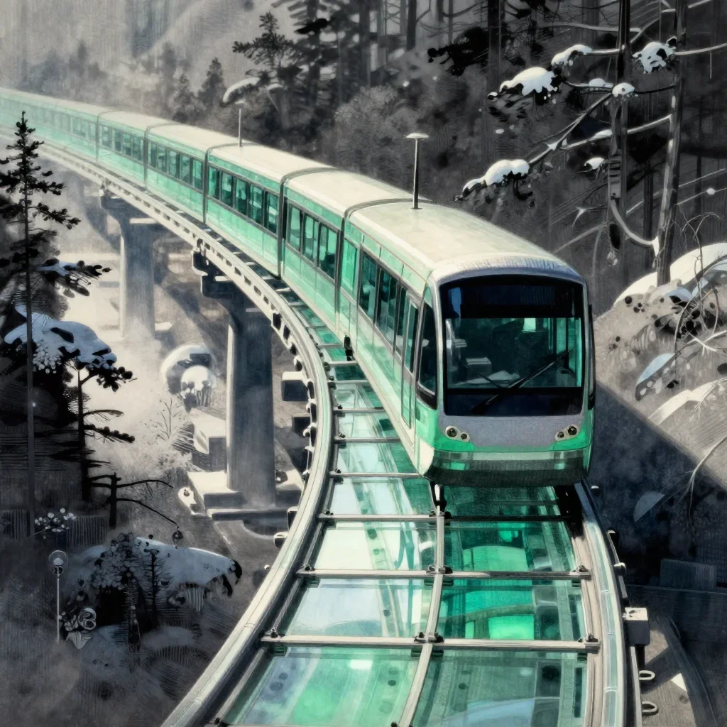 a glass monorail in crisp winter sunlight, Japanese woodblock-inspired editorial art, atmospheric depth, jade and charco
