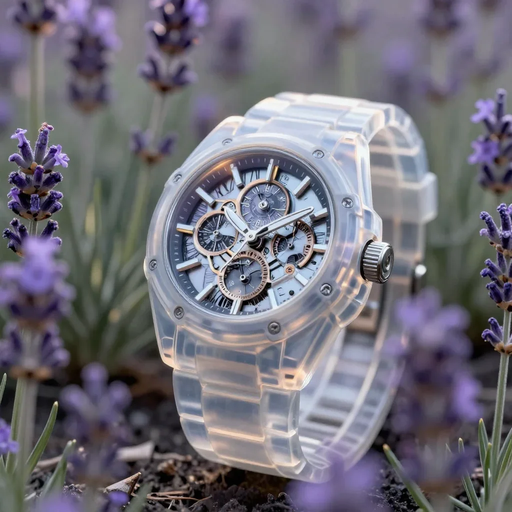 a translucent mechanical watch at first light, macro natural-history photography, layered foreground framing, lavender and silver palette, family-safe, no text, no logo, no watermark