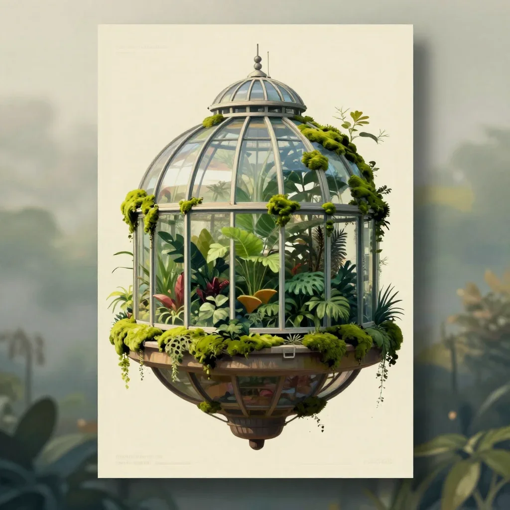 a floating botanical conservatory in quiet late-afternoon haze, modernist poster illustration, restrained color harmony,