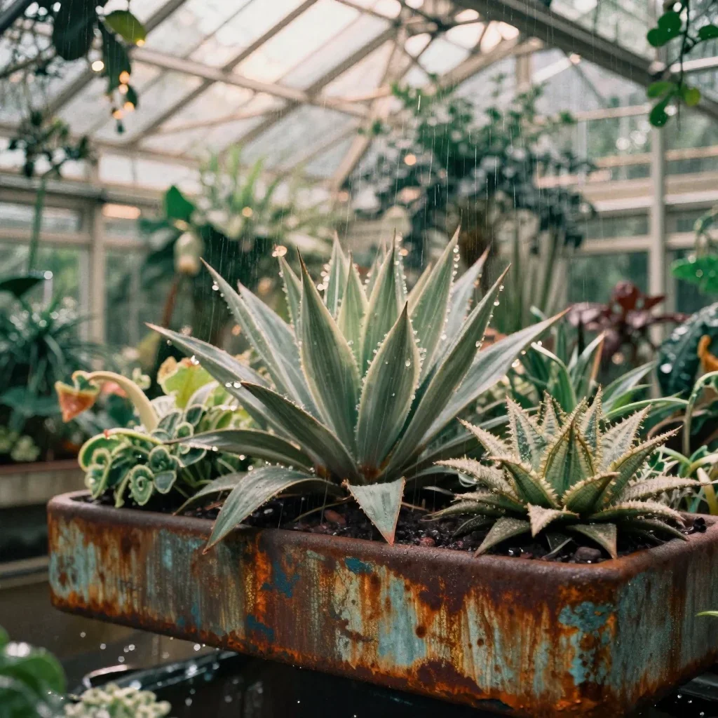 a floating botanical conservatory after warm summer rain, soft-grain analog film photography, atmospheric depth, rust an