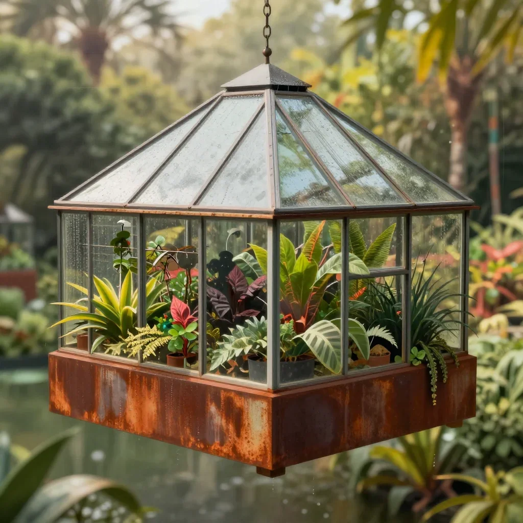 a floating botanical conservatory after warm summer rain, high-end design magazine photography, careful geometric compos