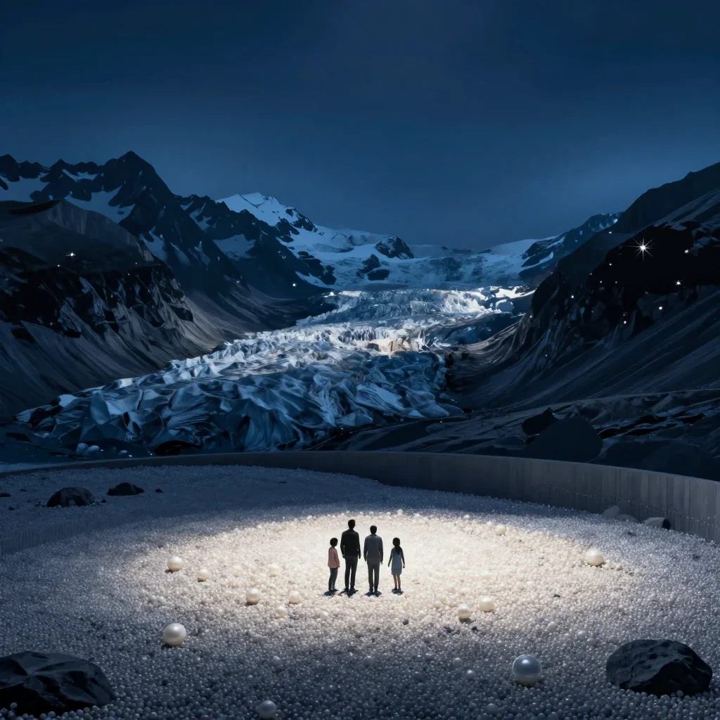 an alpine meadow beneath glaciers in cool museum light, cinematic architectural photography, calm negative space, indigo