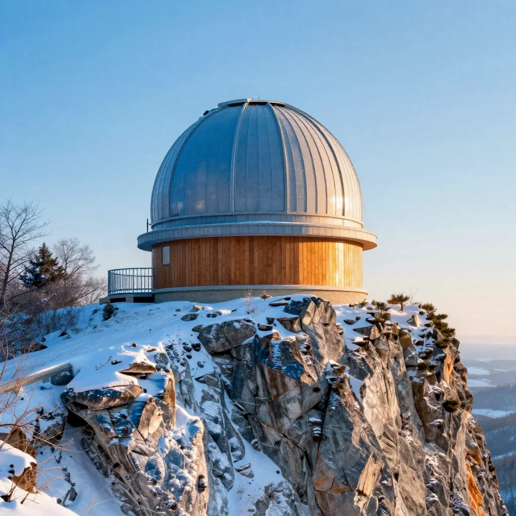 a cliffside observatory in crisp winter sunlight, high-end design magazine photography, careful geometric composition, i