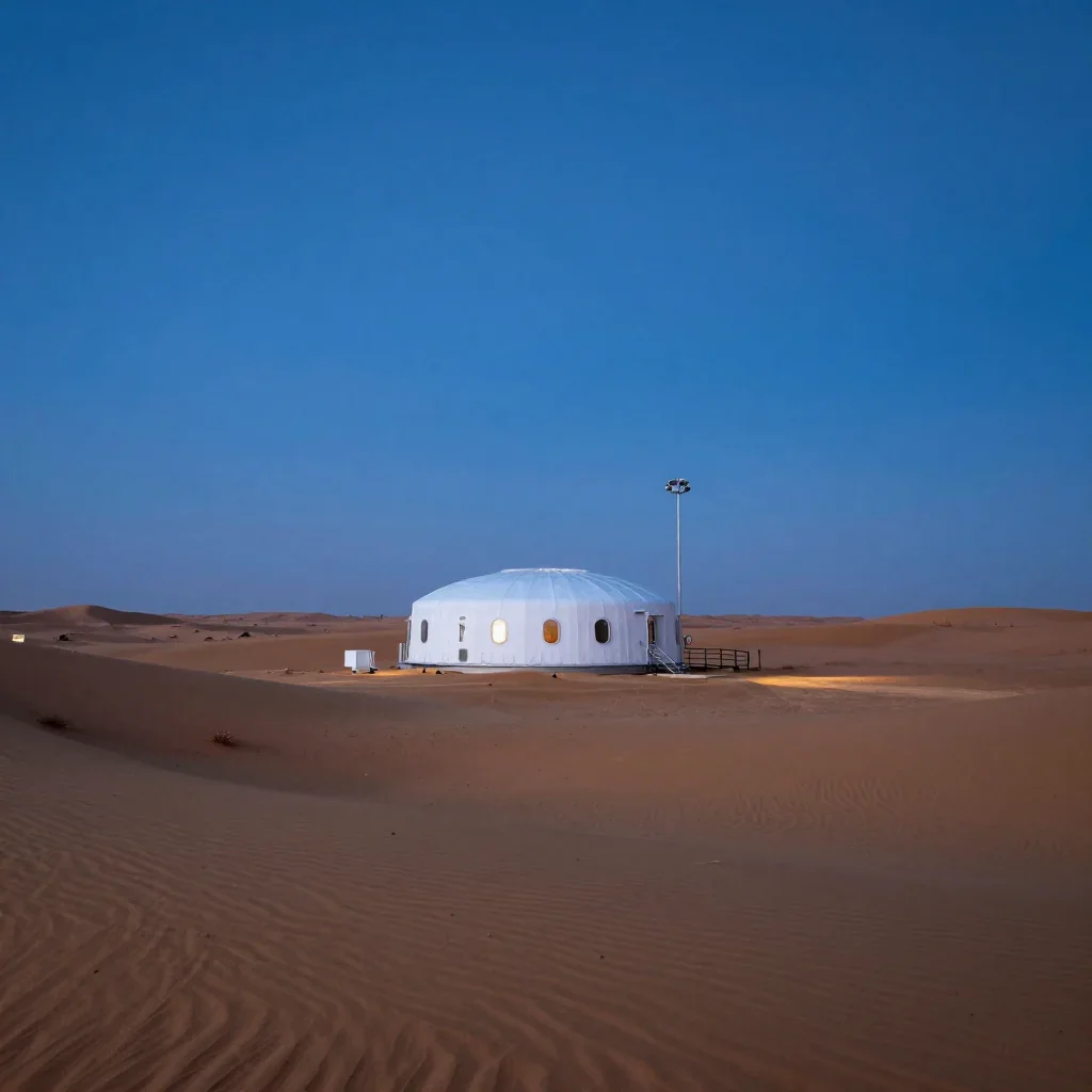a desert research station at blue hour, dreamlike fine-art landscape photography, calm negative space, ice blue and warm