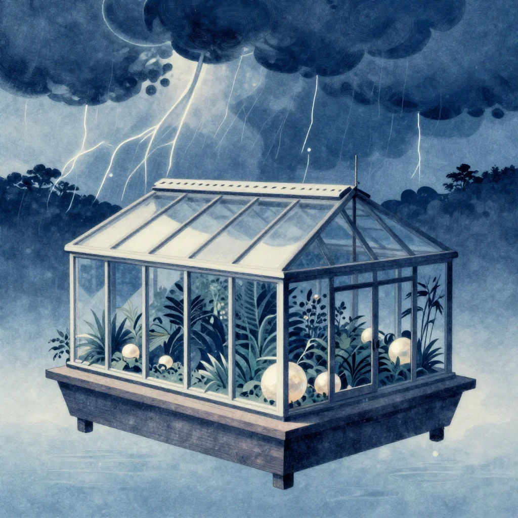 a floating botanical conservatory after a distant thunderstorm, Japanese woodblock-inspired editorial art, soft volumetr