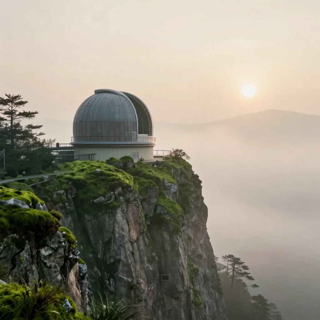 a cliffside observatory under soft dawn fog, Japanese woodblock-inspired editorial art, soft volumetric light, moss gree