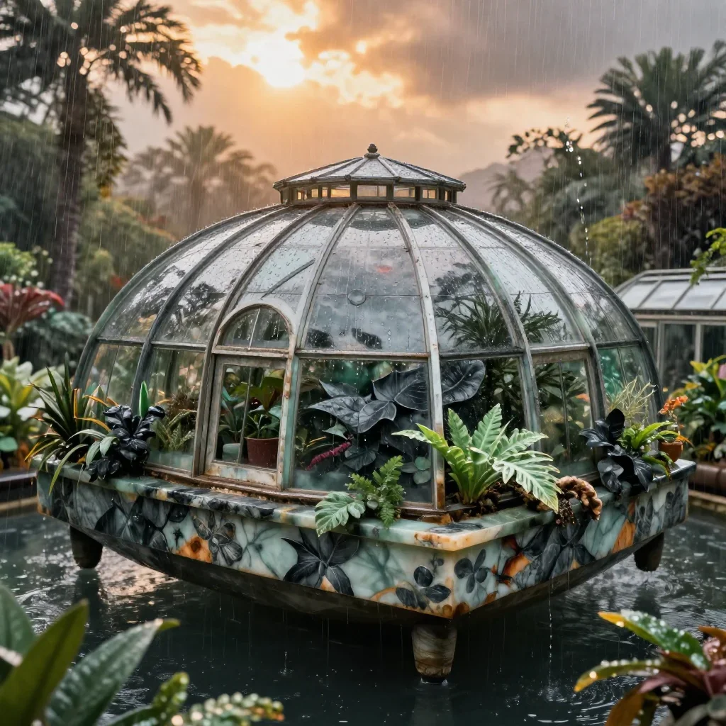 a floating botanical conservatory after warm summer rain, dreamlike fine-art landscape photography, weathered tactile su