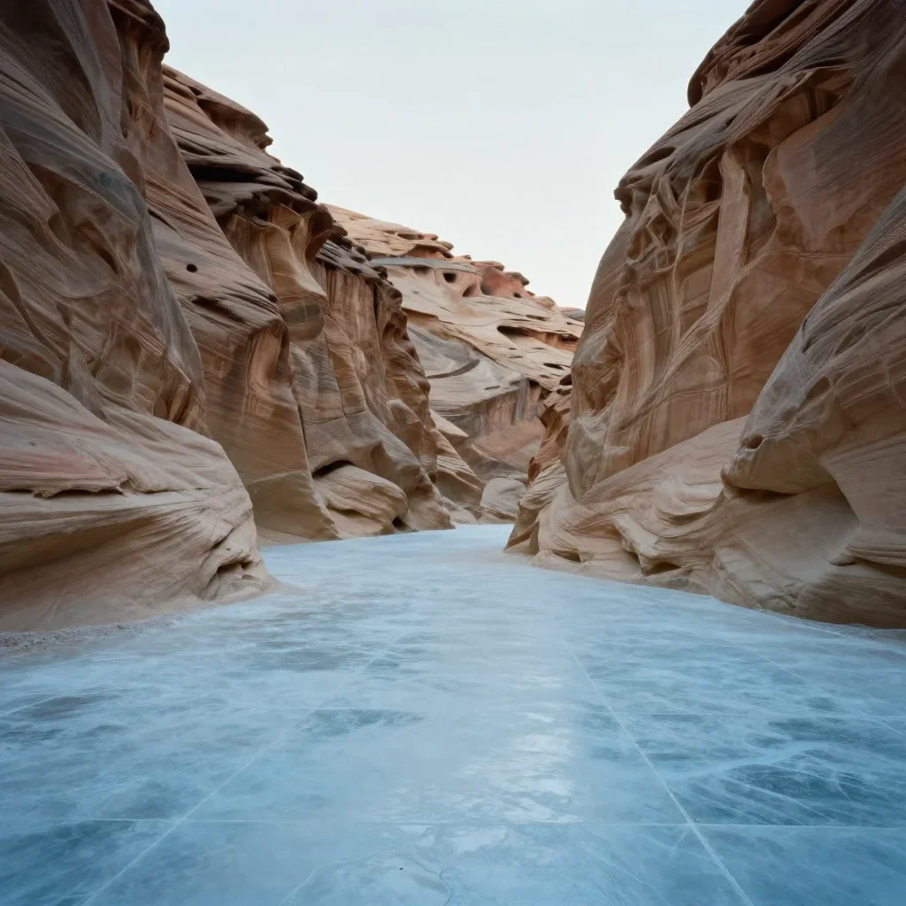 a wind-carved sandstone valley under diffused skylight, cinematic architectural photography, calm negative space, ice bl