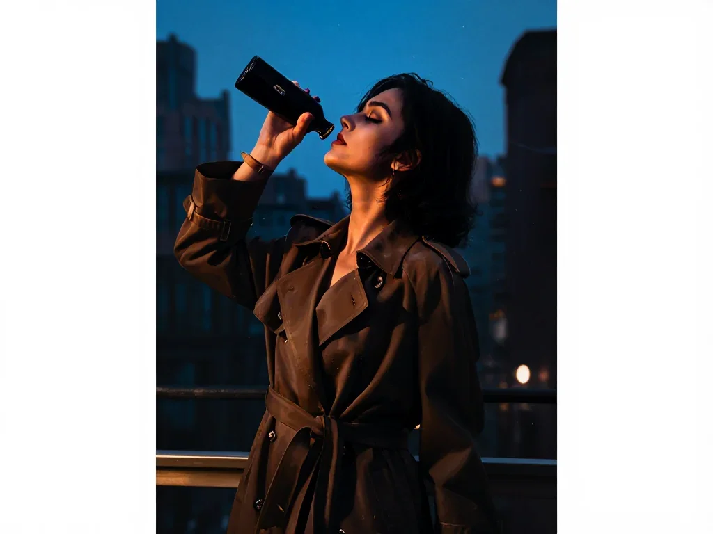 a noir detective's femme fatal muse in a trench coat in a deep breath with eyes closed, in a blue-hour city apartment, N